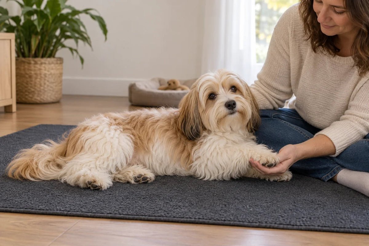 Havanese resting beside an adult who gently supports one front paw