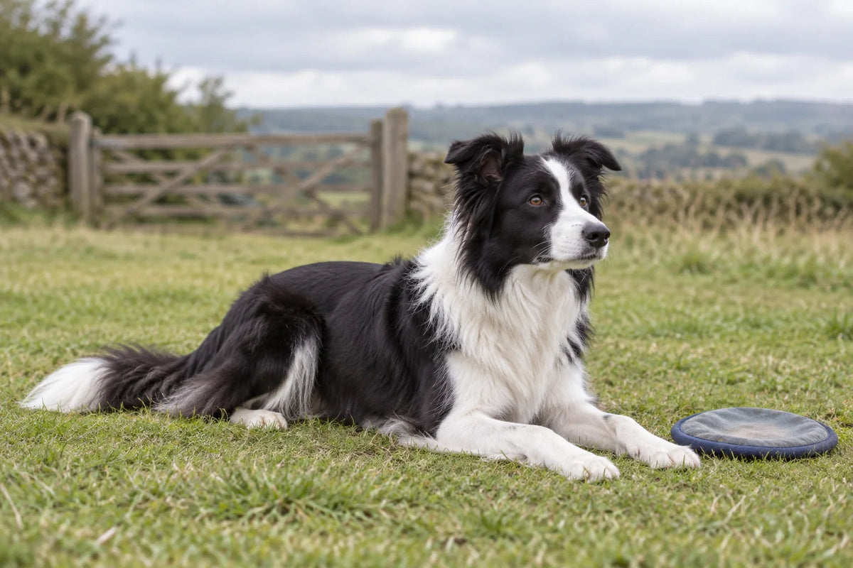 A black and white Border Collie resting beside a soft frisbee in a meadow