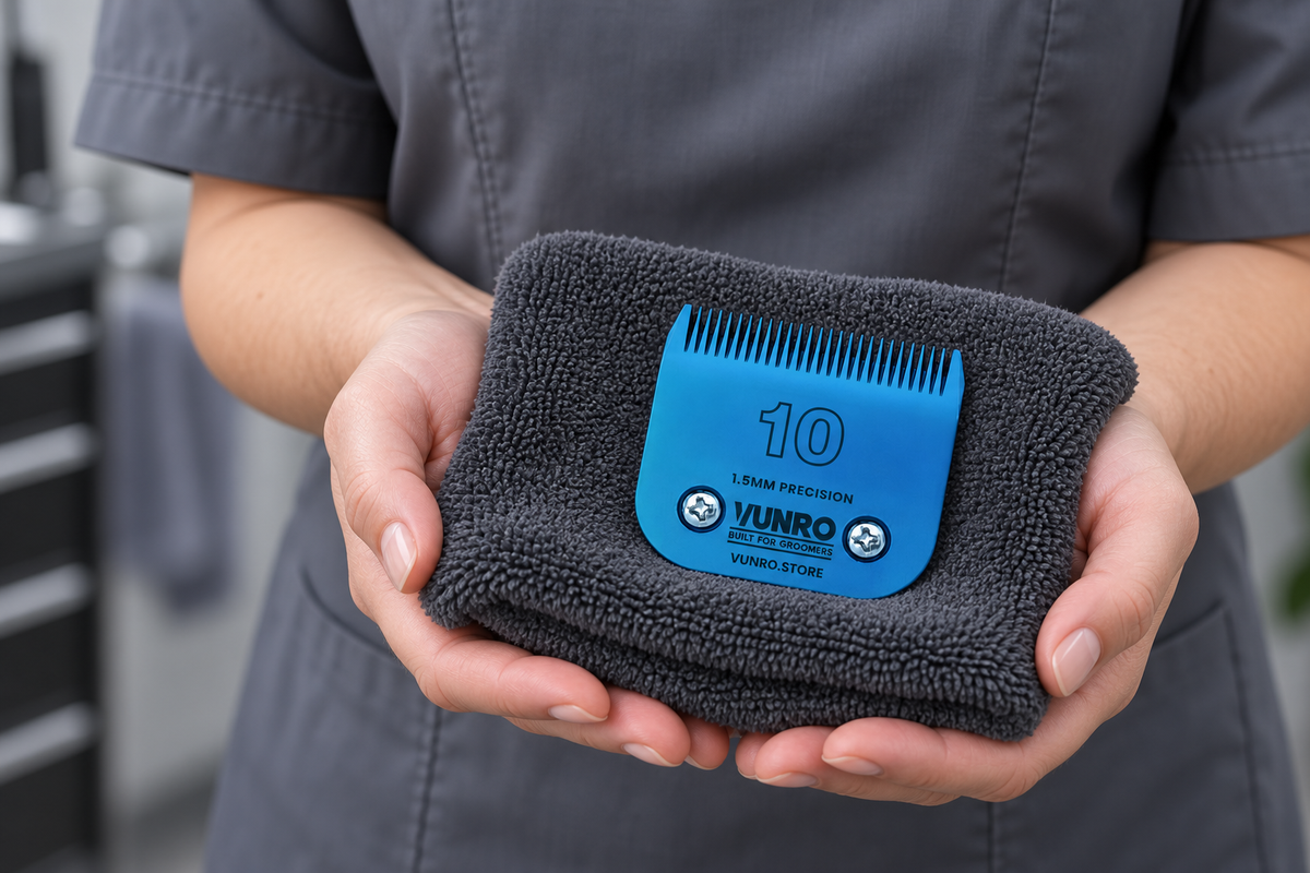 Clean VUNRO blue number 10 blade supported on a towel held in a groomer's hands
