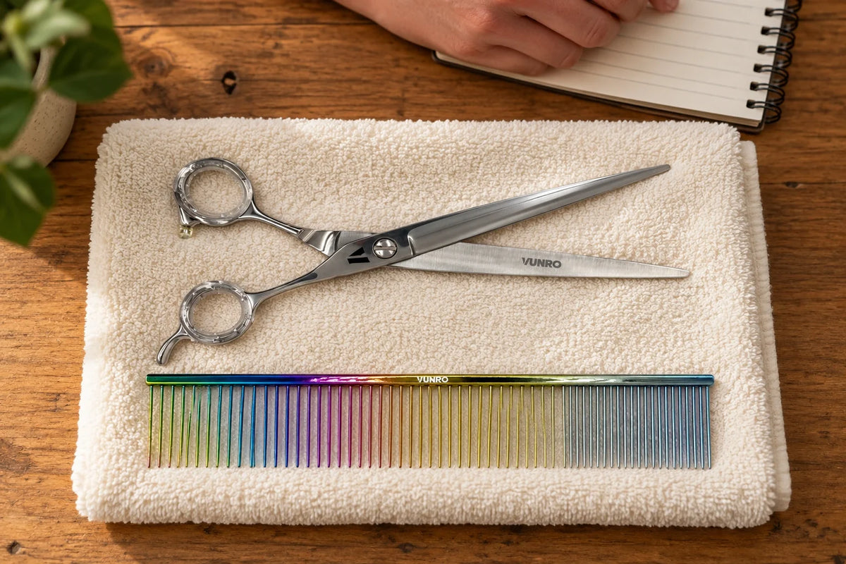 Straight VUNRO scissors and a rainbow coarse-and-fine comb lying separately on a towel.