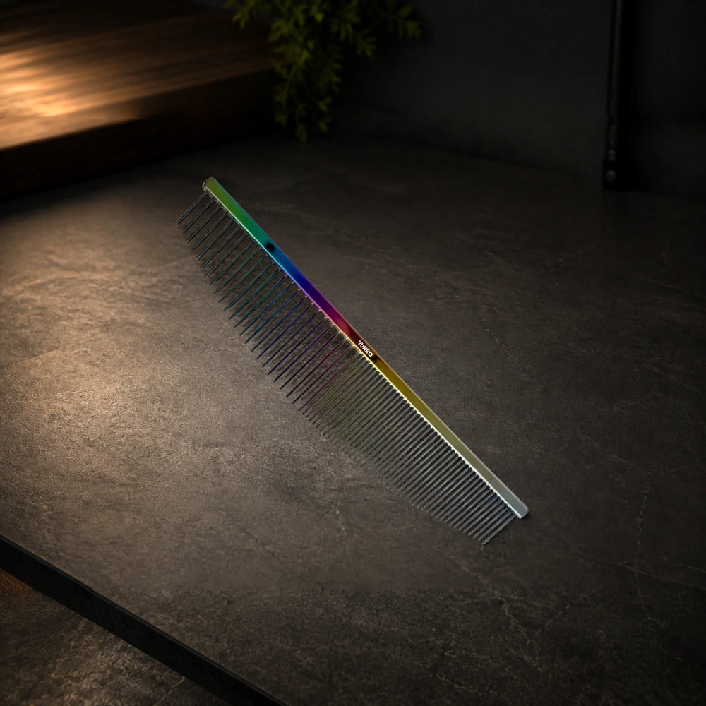 6.5" Lux Coarse and Fine Crescent Shaped Finishing Comb photographed on the VUNRO professional workbench